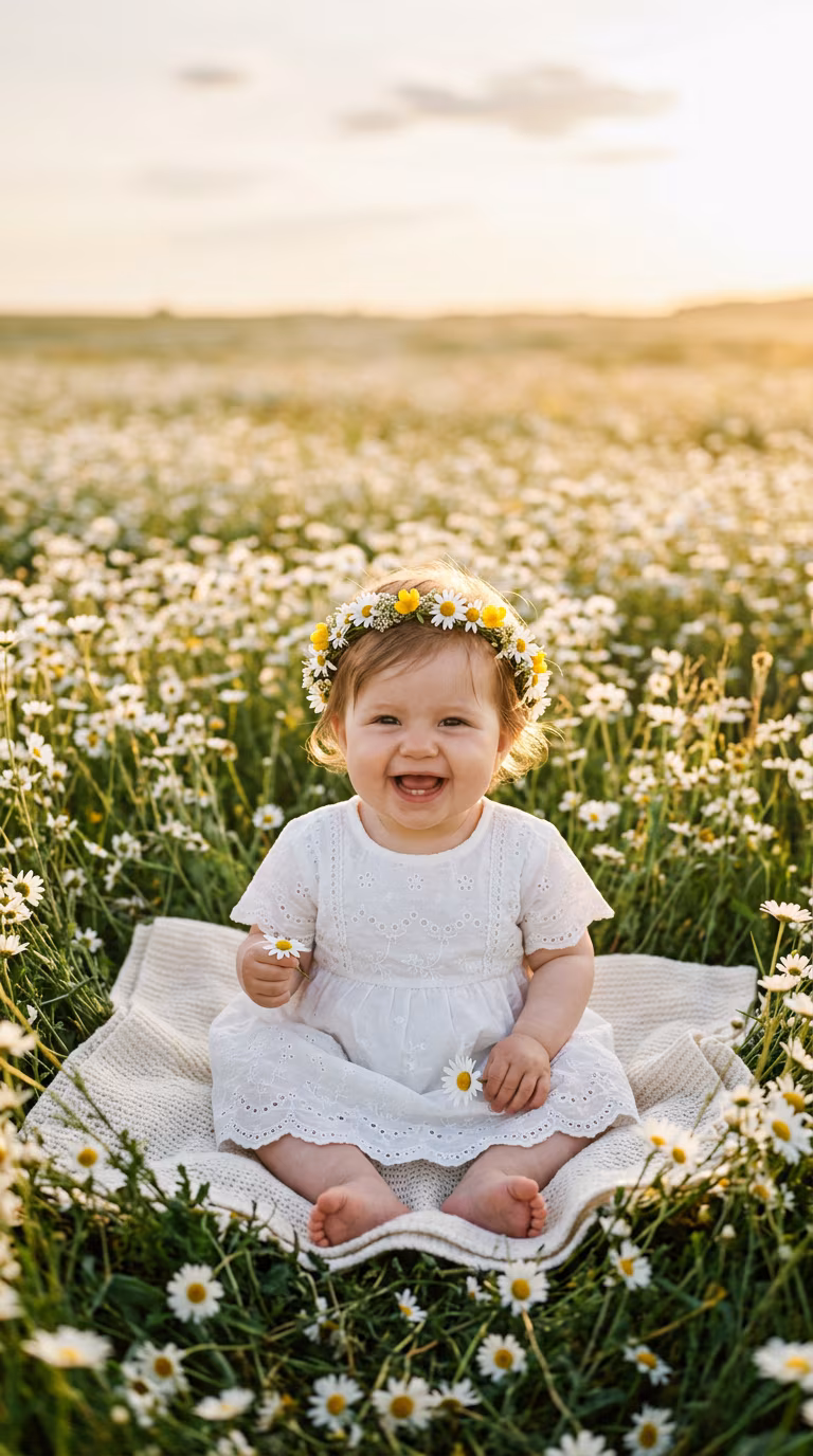 Baby Girl in Sunlit Daisy Field example