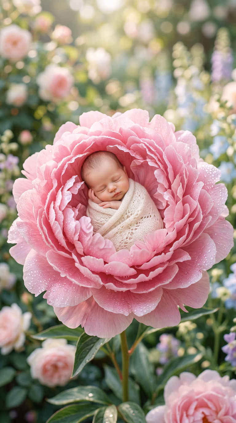 Baby Sleeping Inside Giant Pink Peony example