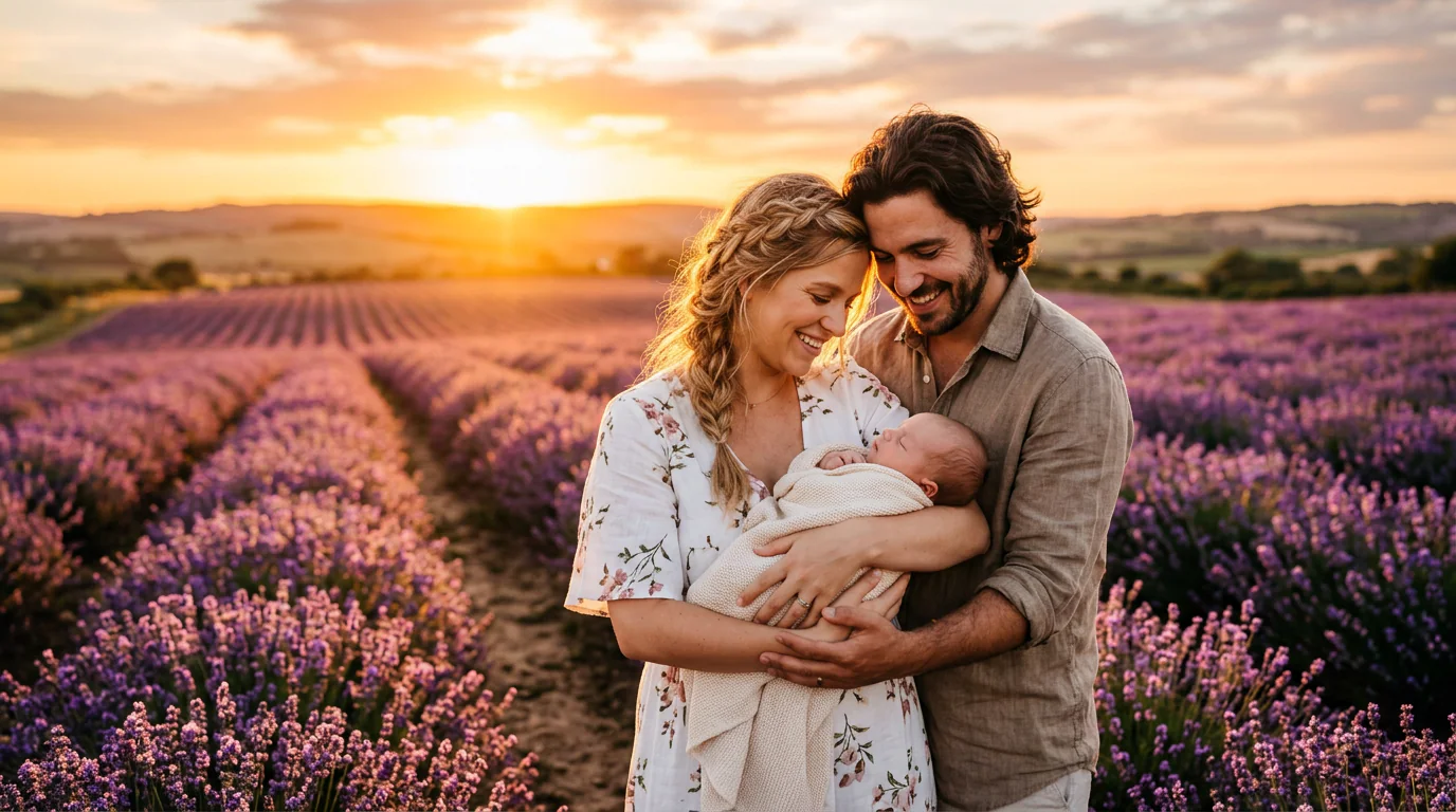 Couple Holding Newborn at Golden Hour example