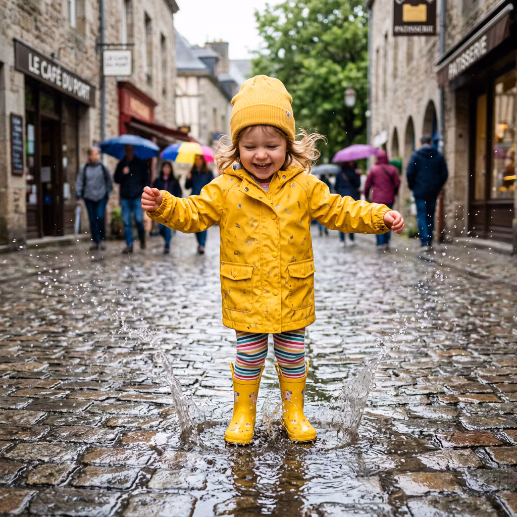 Toddler Splashing in Yellow Rain Puddle example