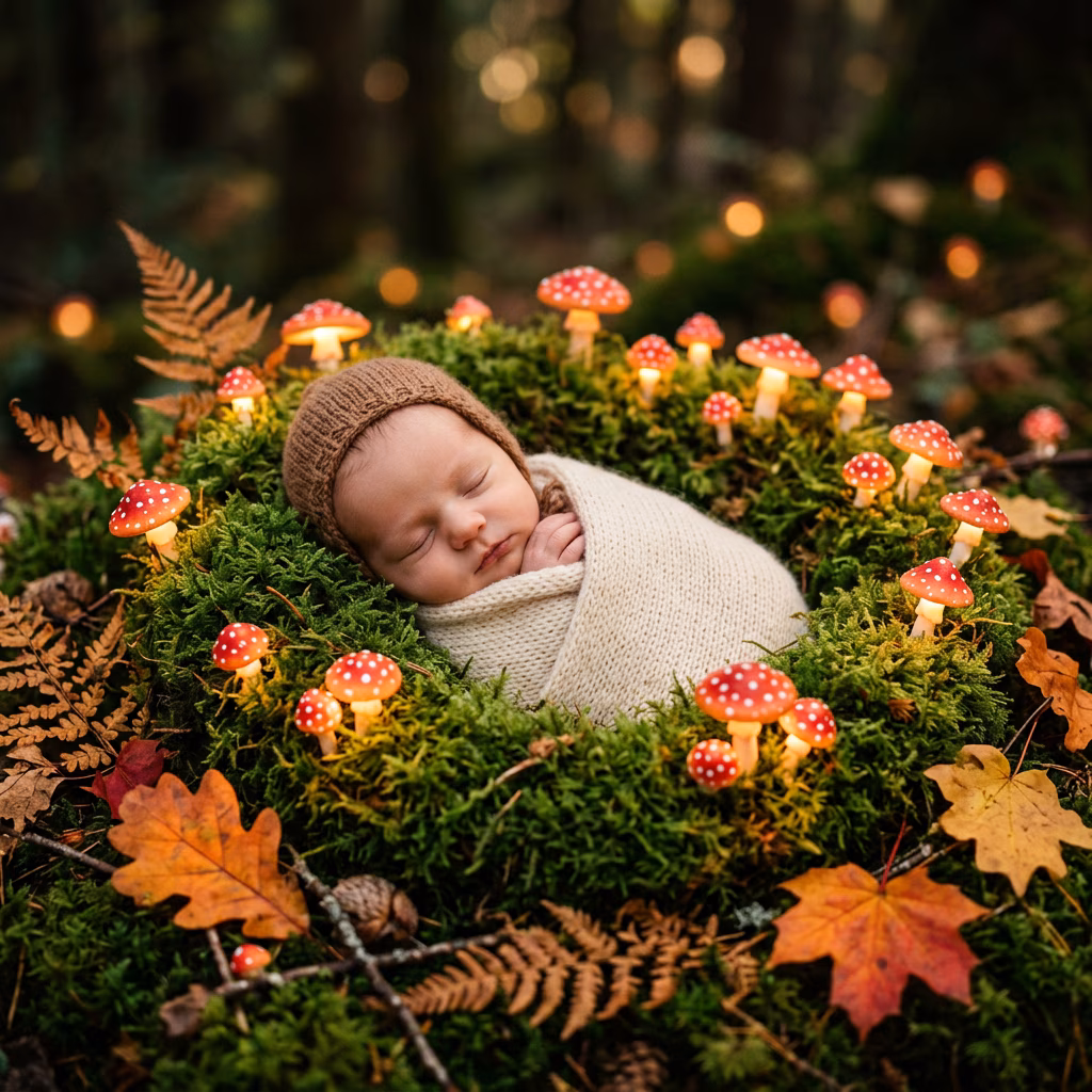 Woodland Theme Newborn with Mushrooms example