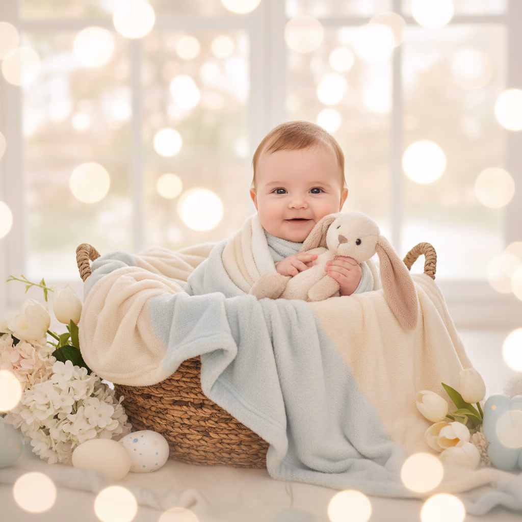 Baby With Plush Bunny in Basket example