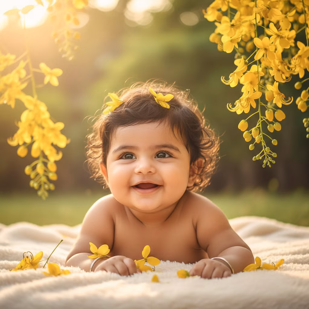 Close-Up Baby With Vishu Flowers example