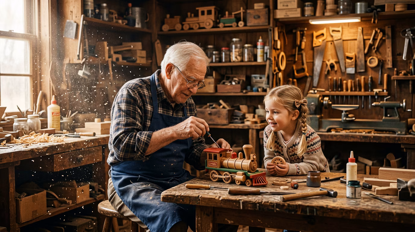 Grandfather Fixing Toy with Granddaughter example