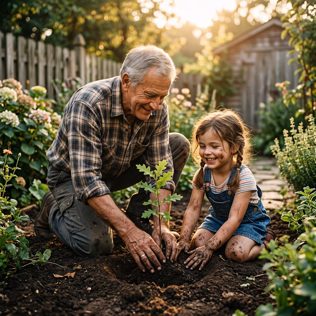 Grandfather and Granddaughter Planting Sapling example