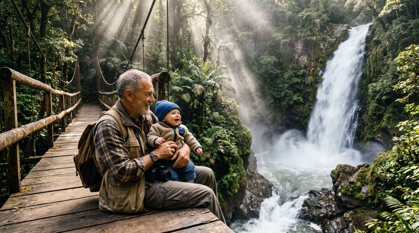 Grandfather and Grandson at Waterfall example