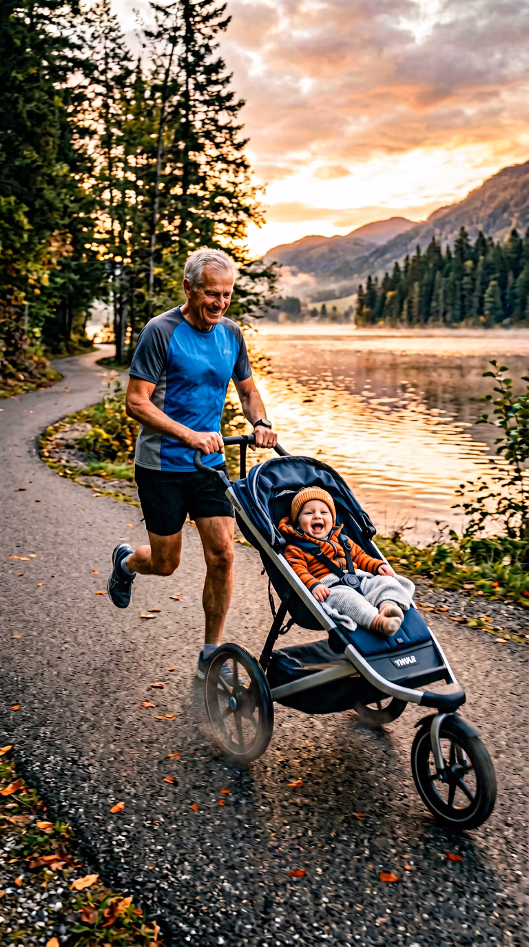 Grandfather Jogging with Baby Stroller example