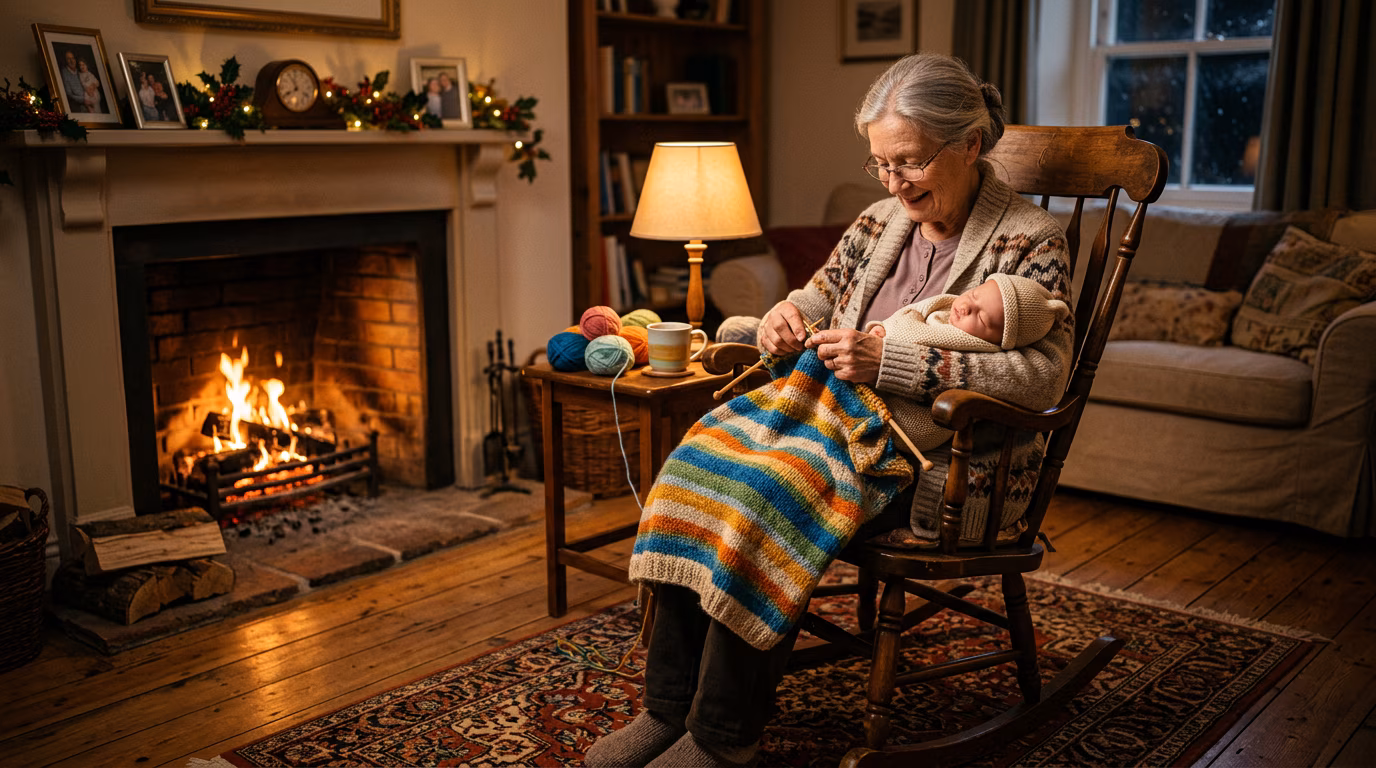 Grandmother Knitting with Sleeping Baby example