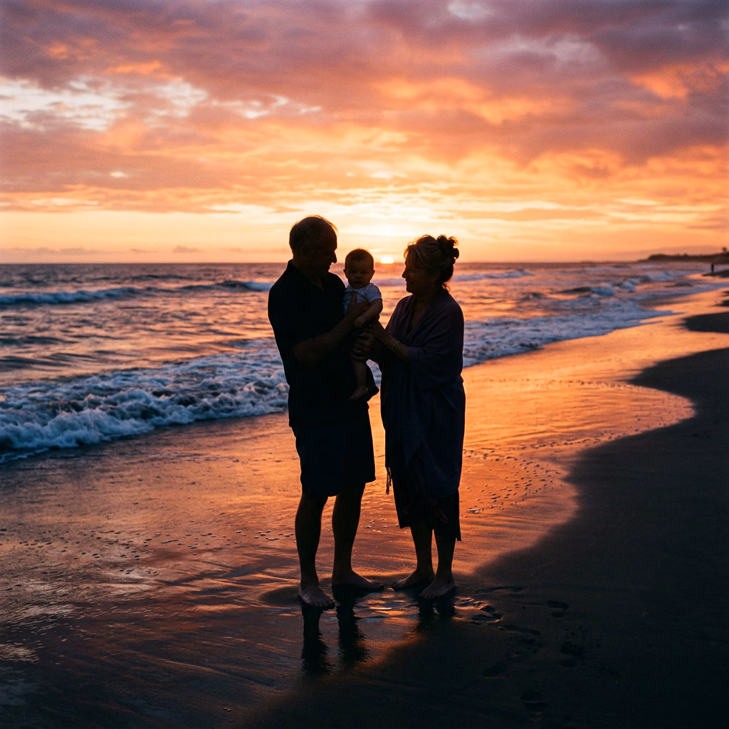 Grandparents Holding Baby at Sunset example