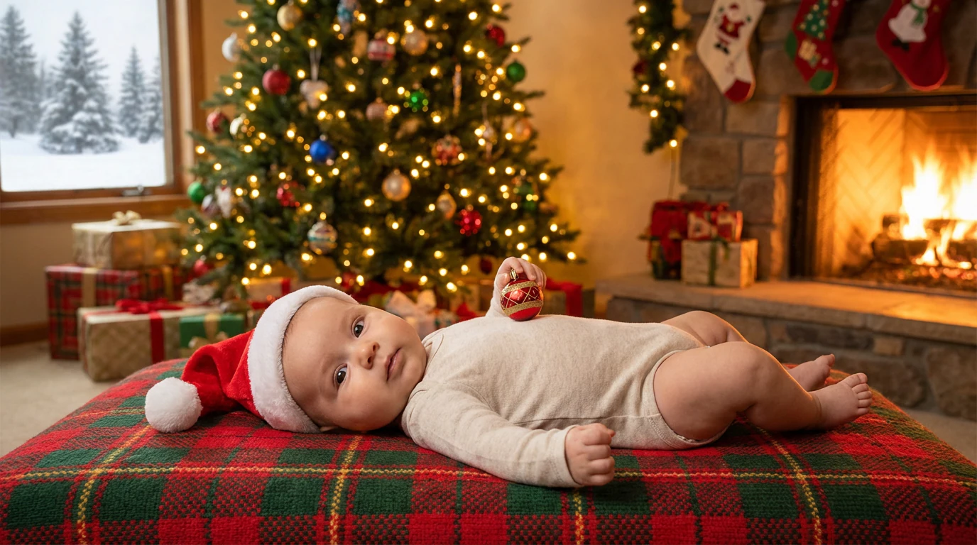 AI Christmas Baby Photo Editing Prompt - Add Festive Background example