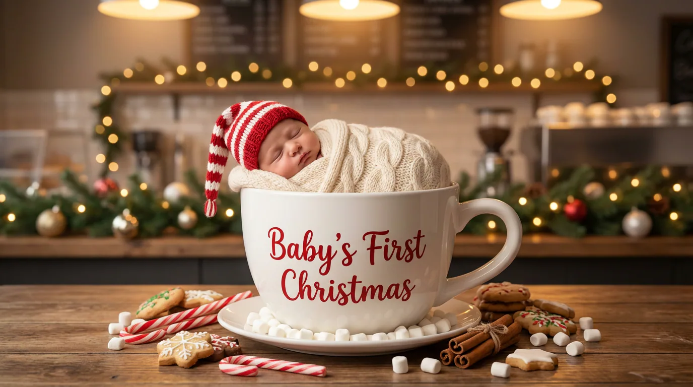 AI Christmas Baby Photo Editing Prompt - Sweet Hot Chocolate Moment example