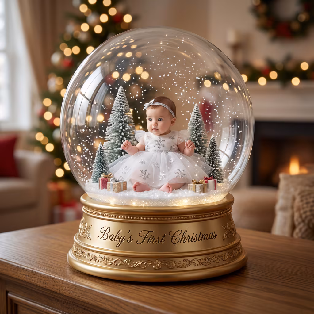 Gemini AI Christmas Baby Portrait Prompt - Snow Globe Magic example