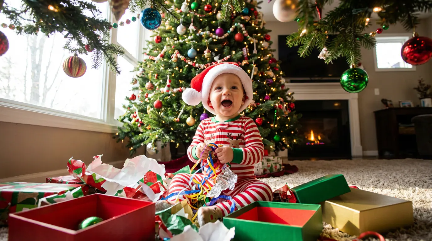 Gemini Christmas Baby Photo Prompt Boy - Unwrapping Presents Moment example