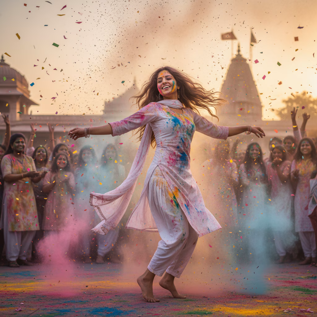 Dancing Girl in Holi Dust Clouds example