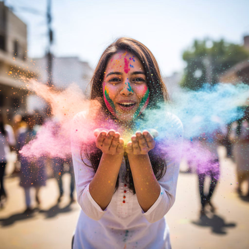 Girl Blowing Rainbow Holi Powder example