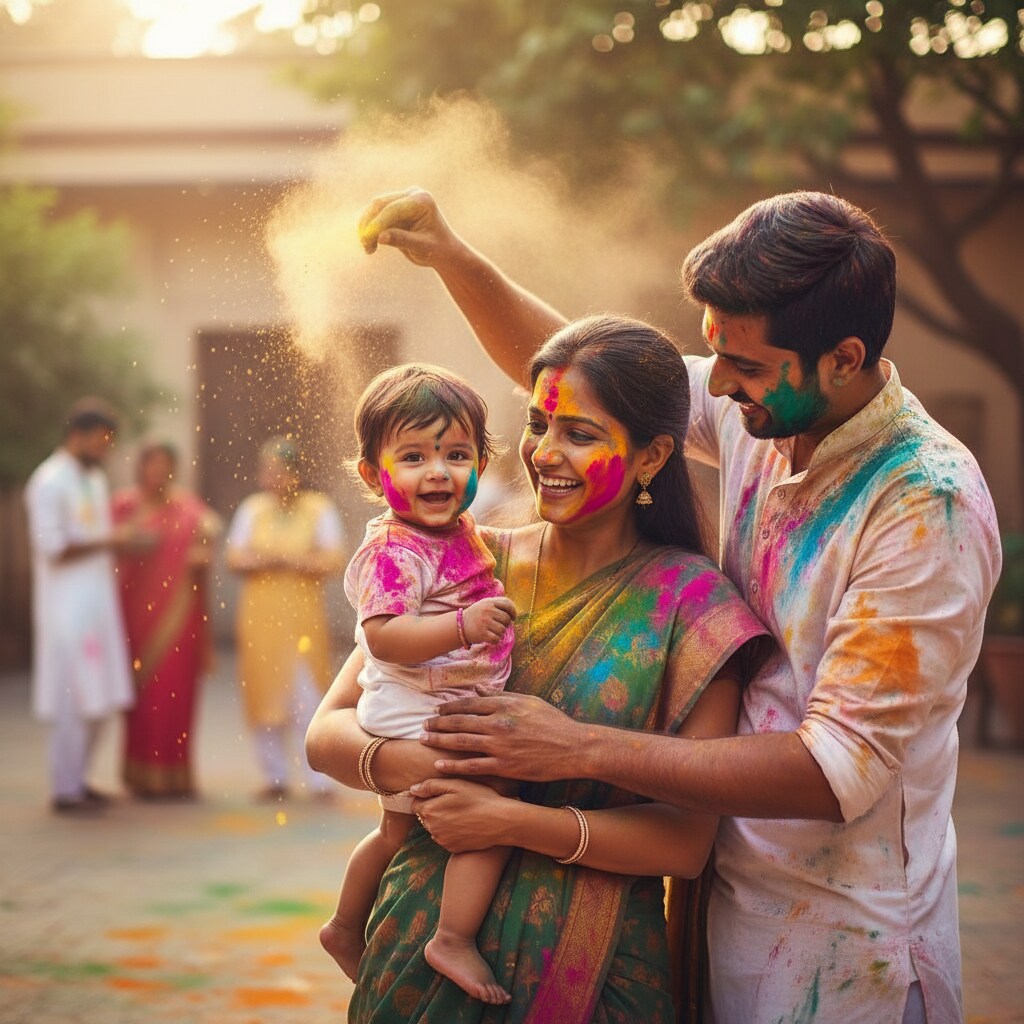 Mother Holding Baby Covered In Holi Colors example