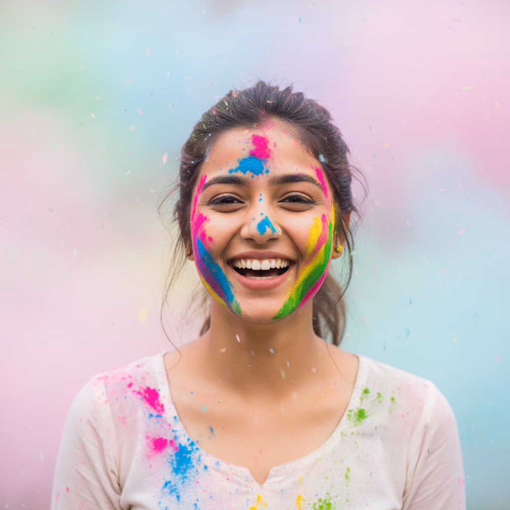 Natural Smiling Girl Holi Portrait example
