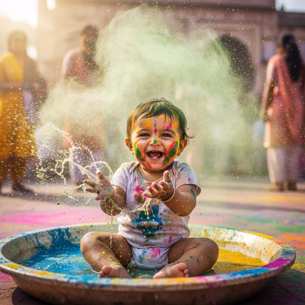 Playful Baby Girl Splashing Holi Colors example
