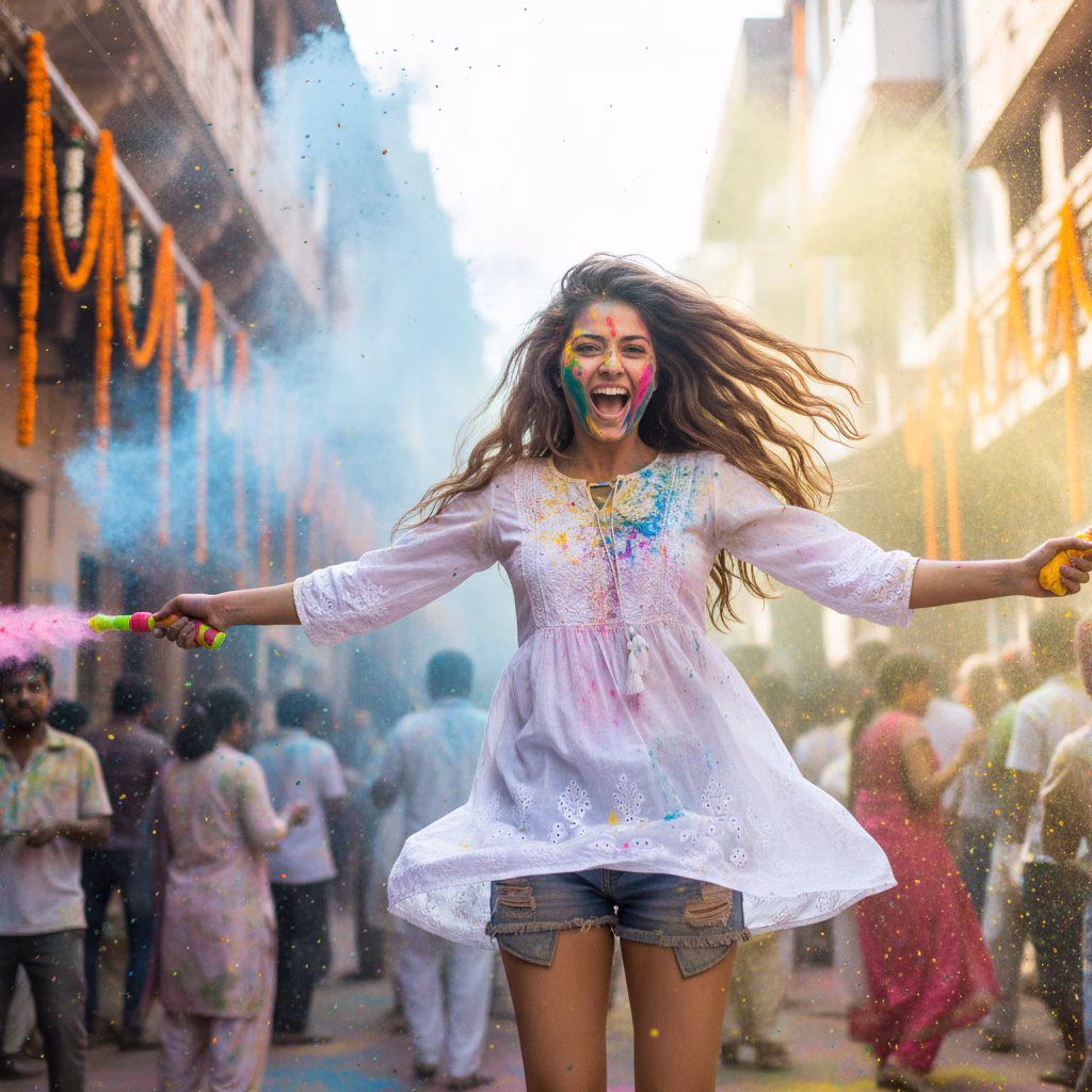 Stylish Girl Holi Celebration Shot example