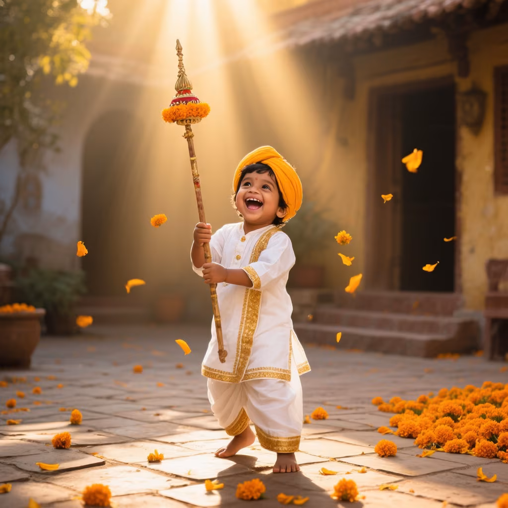 Toddler Boy Playing With Gudi Under Sunbeam example