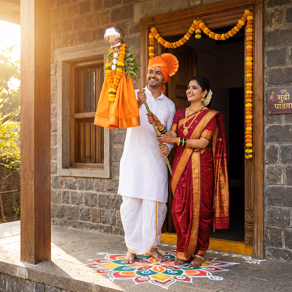 Traditional Couple Gudi Padwa Morning Ritual example