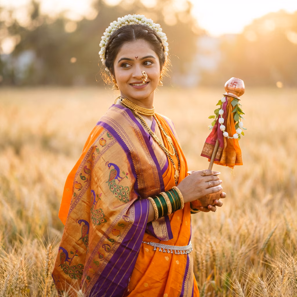 Young Woman Saffron Paithani Sunset Glow example