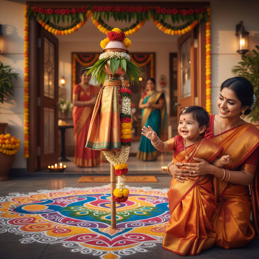 Joyful Baby Touching Gudi Flag example