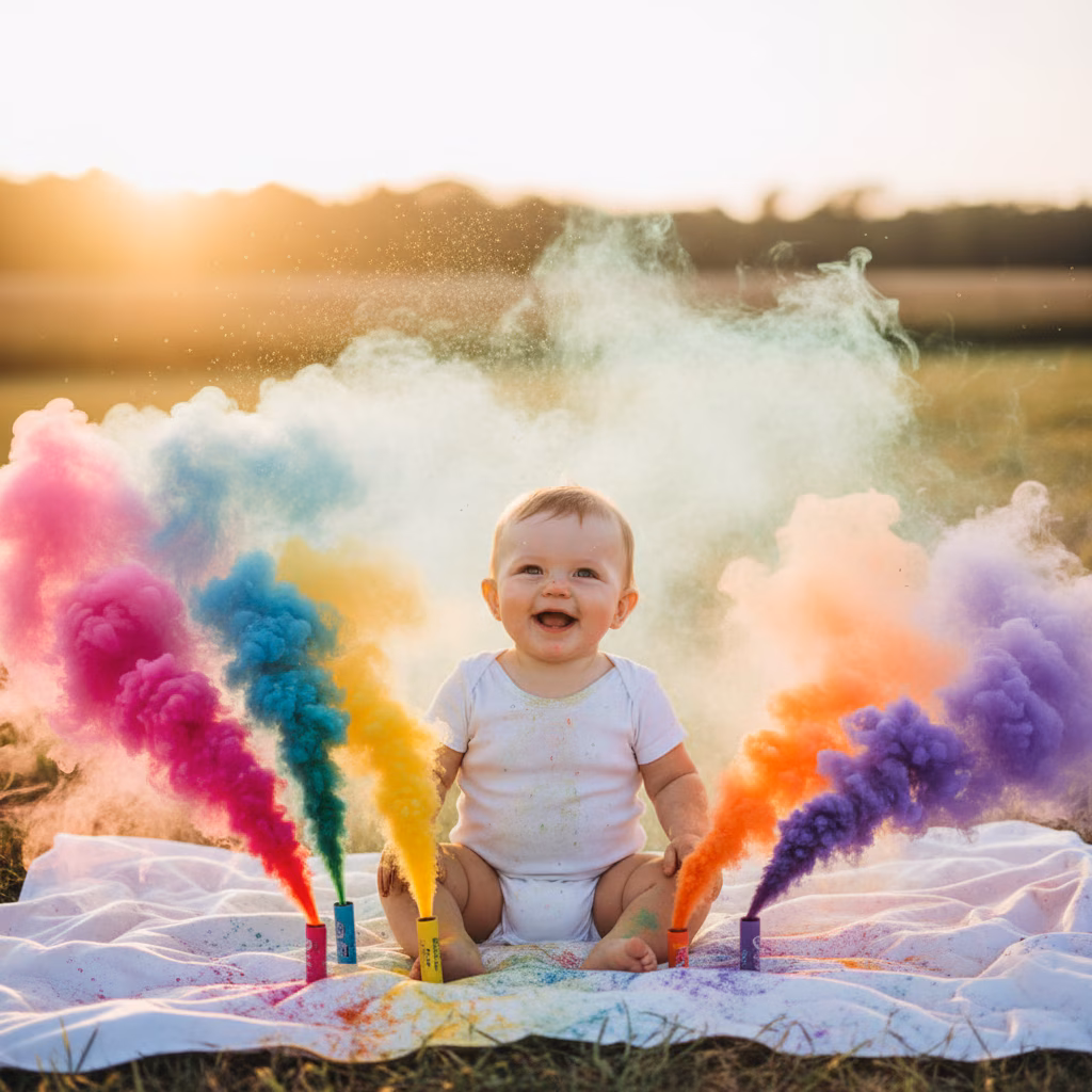 Baby Amid Holi Color Smoke Bombs example
