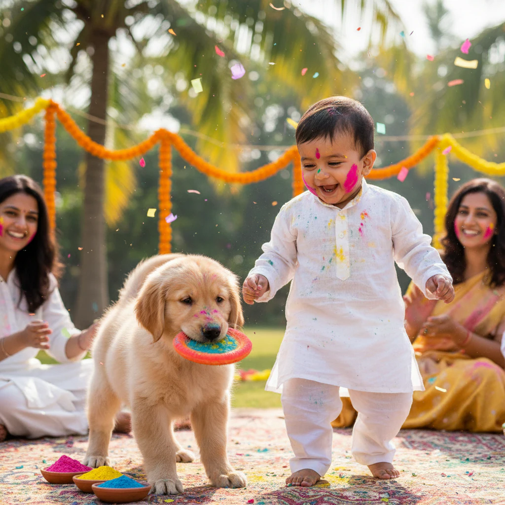 Baby and Pet During Holi Fun example