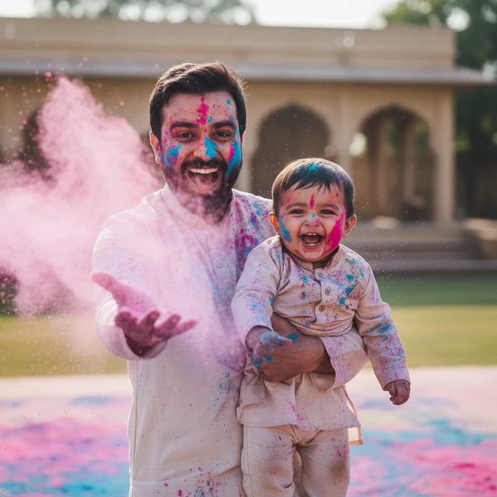 Father and Baby Blowing Holi Powder example