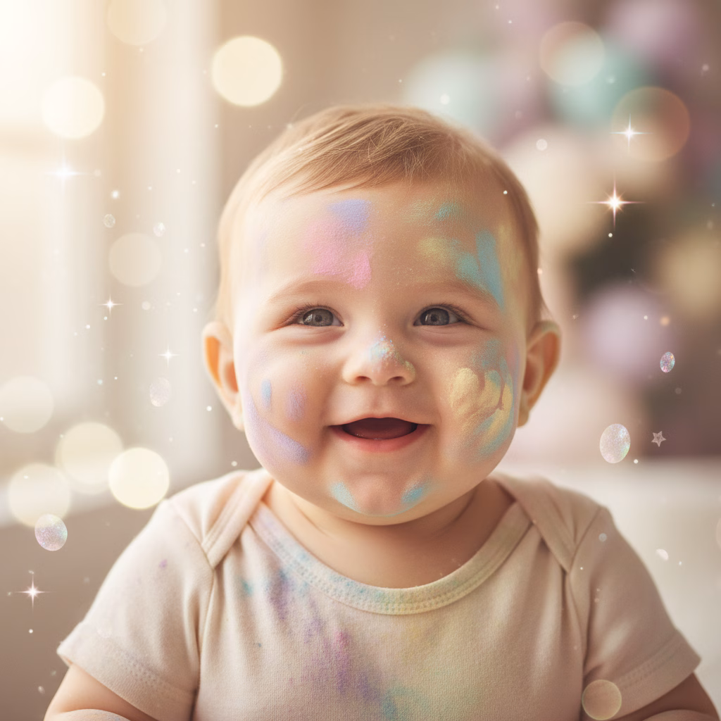 Softly Lit Pastel Holi Baby Portrait example
