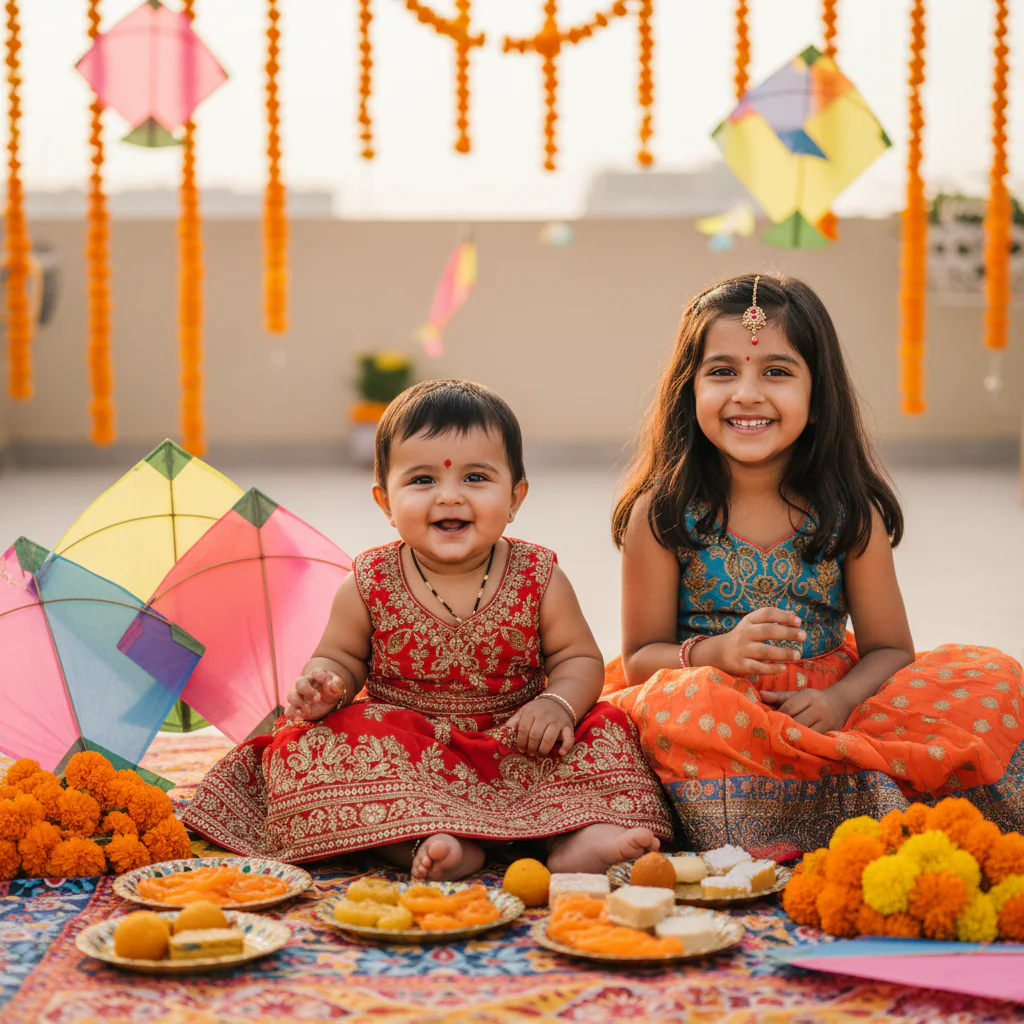 Baby and Sister with Sweets and Kites example