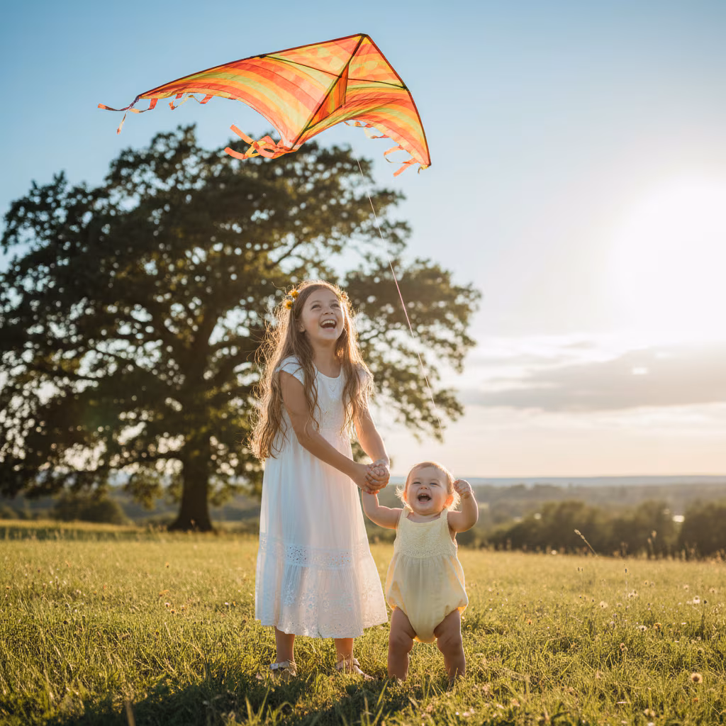 Big Sister Guiding Baby with Kite Thread example