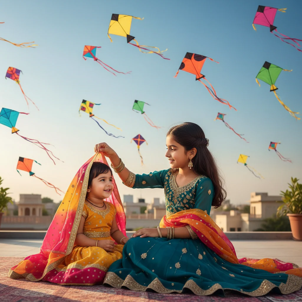 Girl Helping Baby Wear Dupatta example