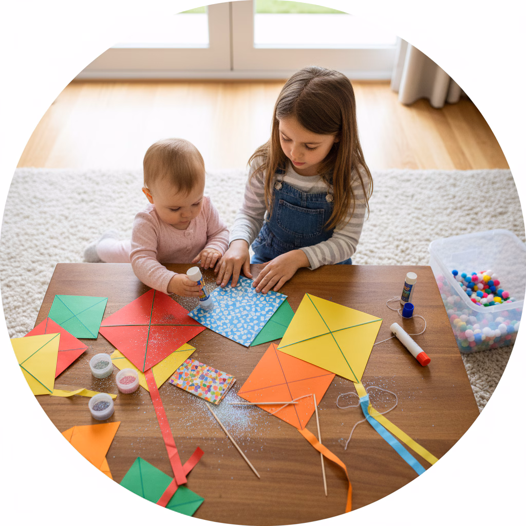 Girls Crafting Colorful Paper Kites example