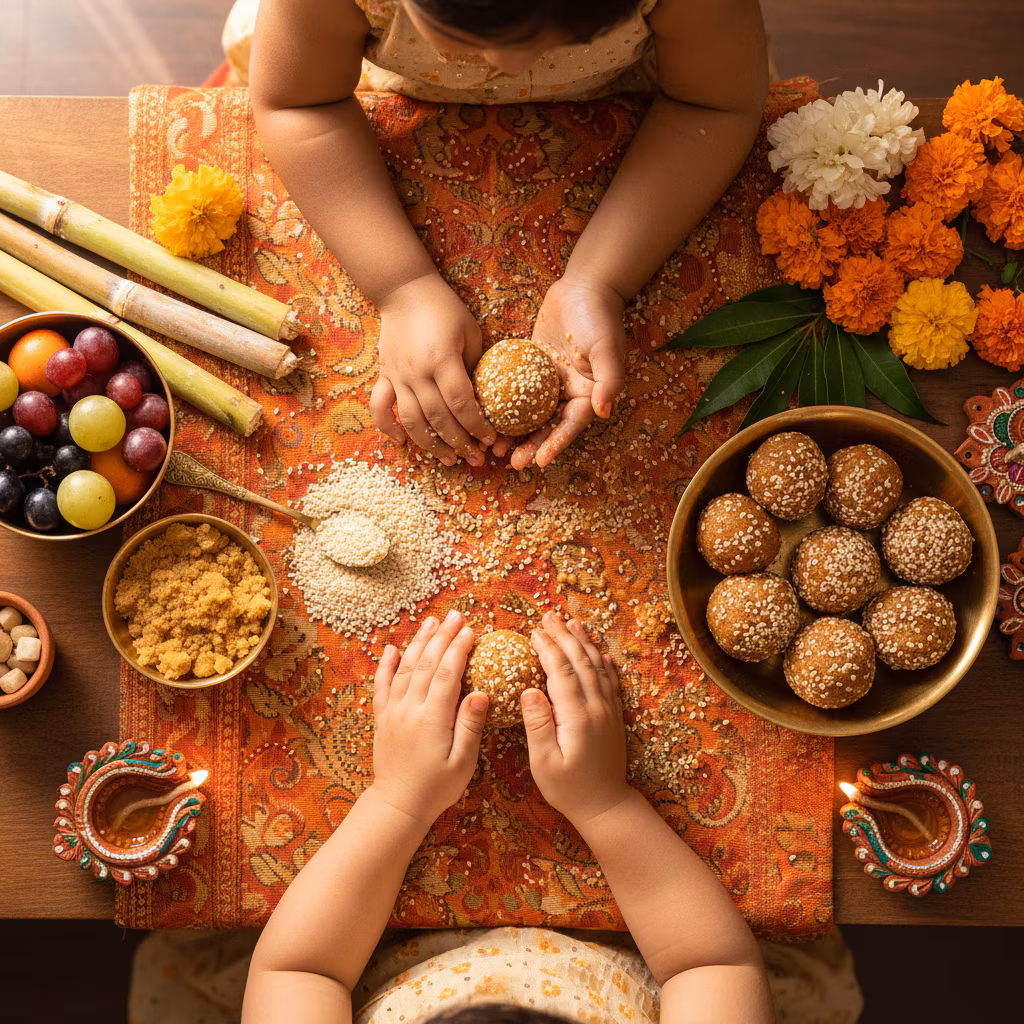 Girls Making Til Laddoos Flatlay example