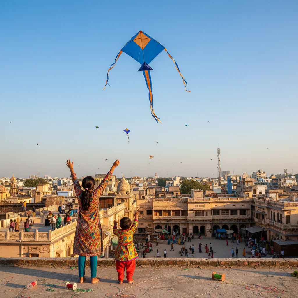 Girls Watching Kite Soar in Sky example