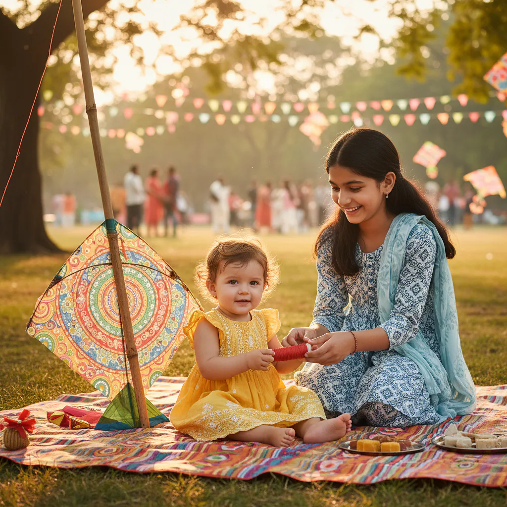 Sister Helping Baby with Kite Thread example