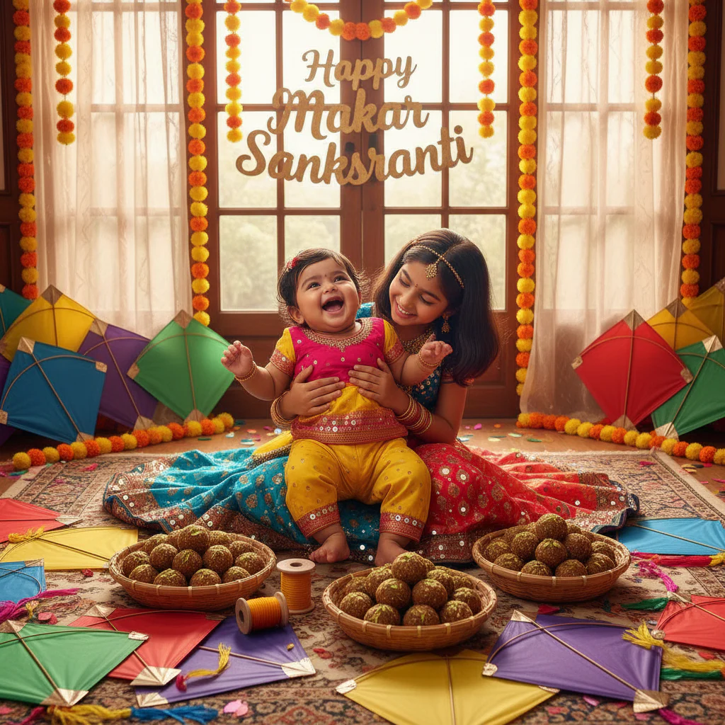Sisters Surrounded by Til Laddoos and Kites example