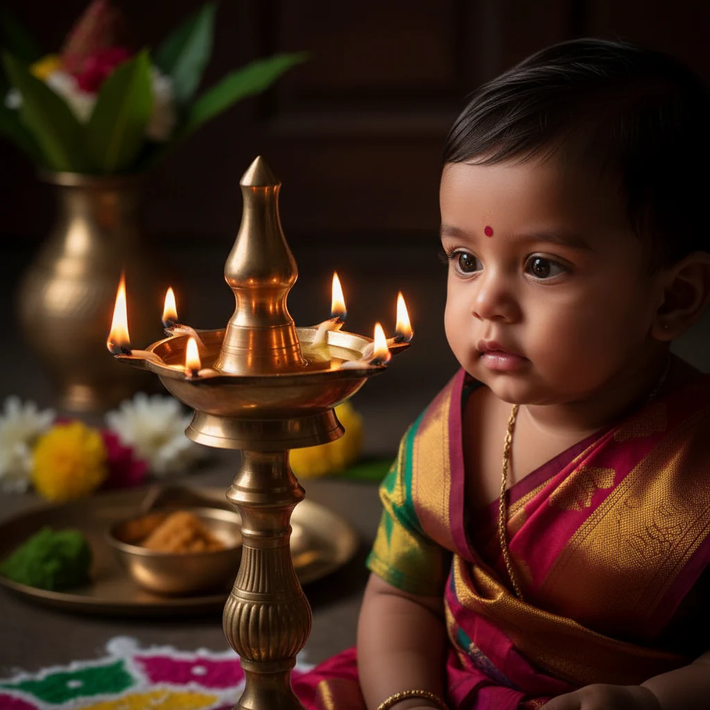 Baby Gazing at Ugadi Lamp example
