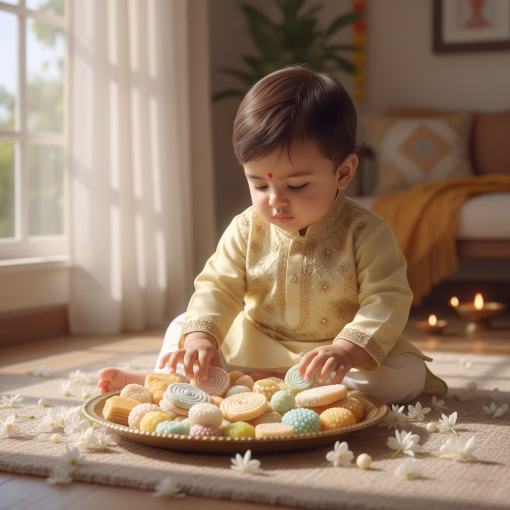 Baby Playing with Ugadi Sweets example